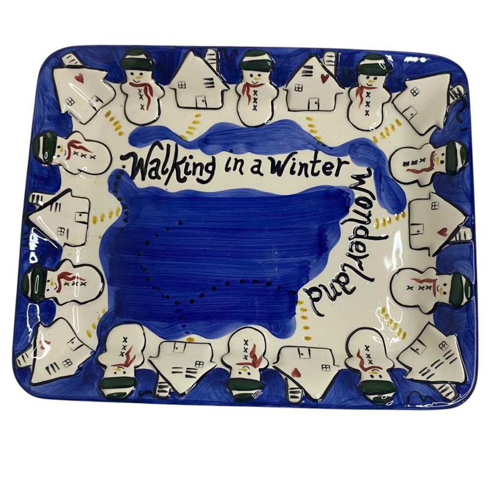 1997 Blue‎ Ceramic Walking In A Winter Wonderland Snowman Christmas Tray